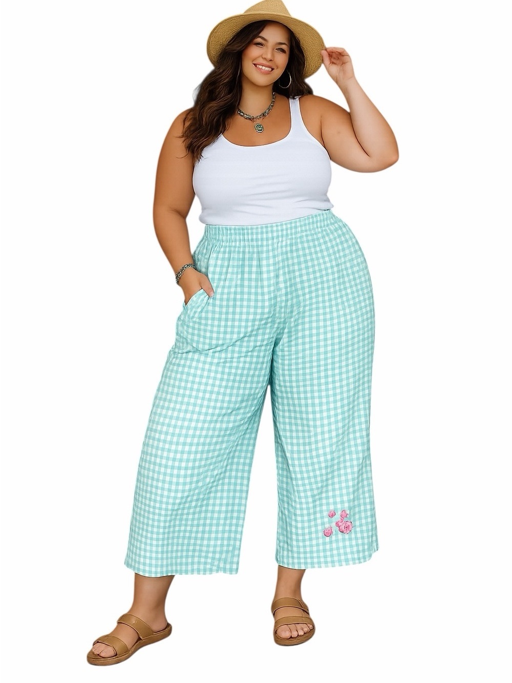 Vintage Cottage Street Mint Green Plaid Gingham Textured Cropped Wide Leg Pants